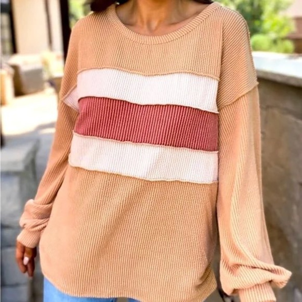 BIBI Colorblock Striped Waffle Knit Ribbed Pullover Top‎ Shirt Boutique Large